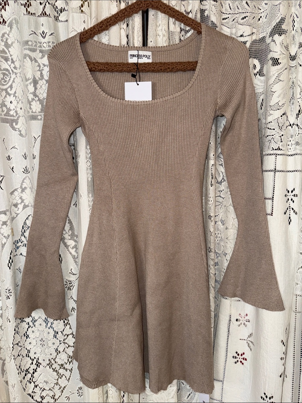 Princess Polly Taupe Ribbed Scoop Neck Dress with Flared Sleeves